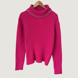 Cliche Pink Ribbed Wool Blend Pearl Crystal Embellished Sweater Feminine